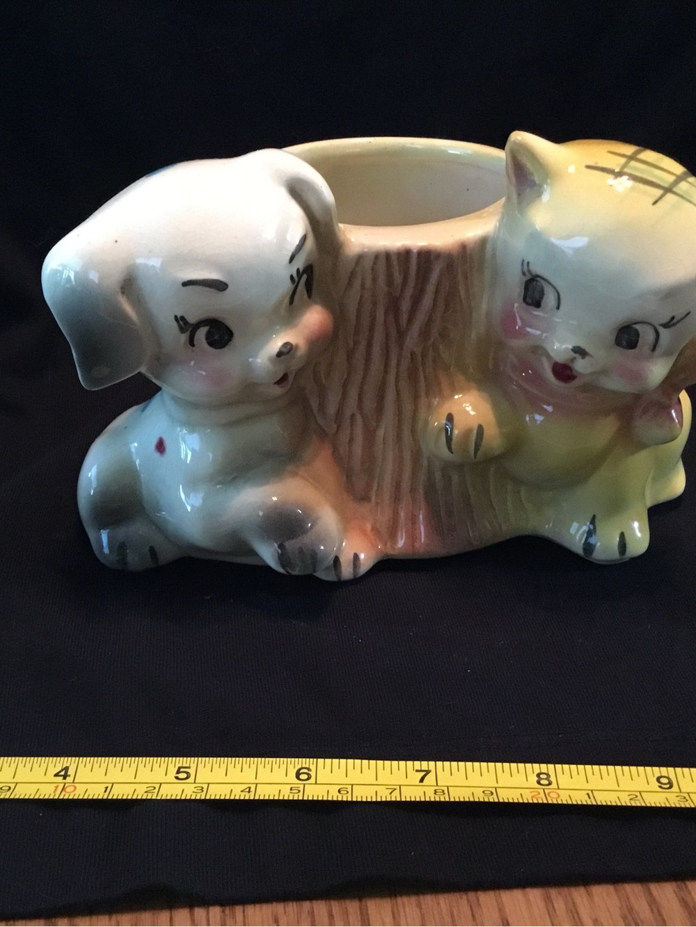 Ceramic Puppy & Kitten Planter - White and Yellow Vintage retro